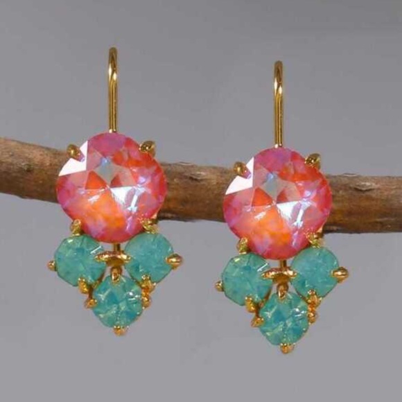 Artisan Jewelry - Orange & Green Crystal Dangle Earrings Boho Geometric Drop Gold tone